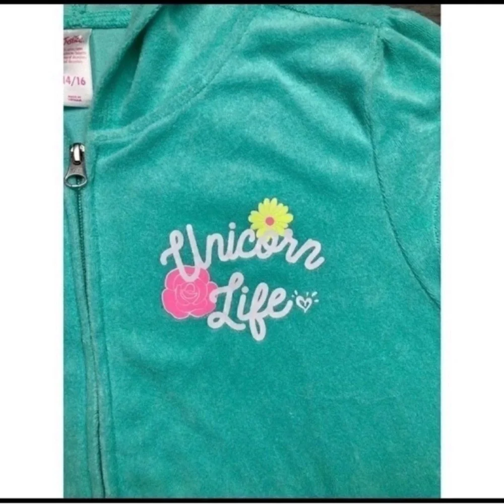 Justice mint green terry knit zip up unicorn life swim suit cover up